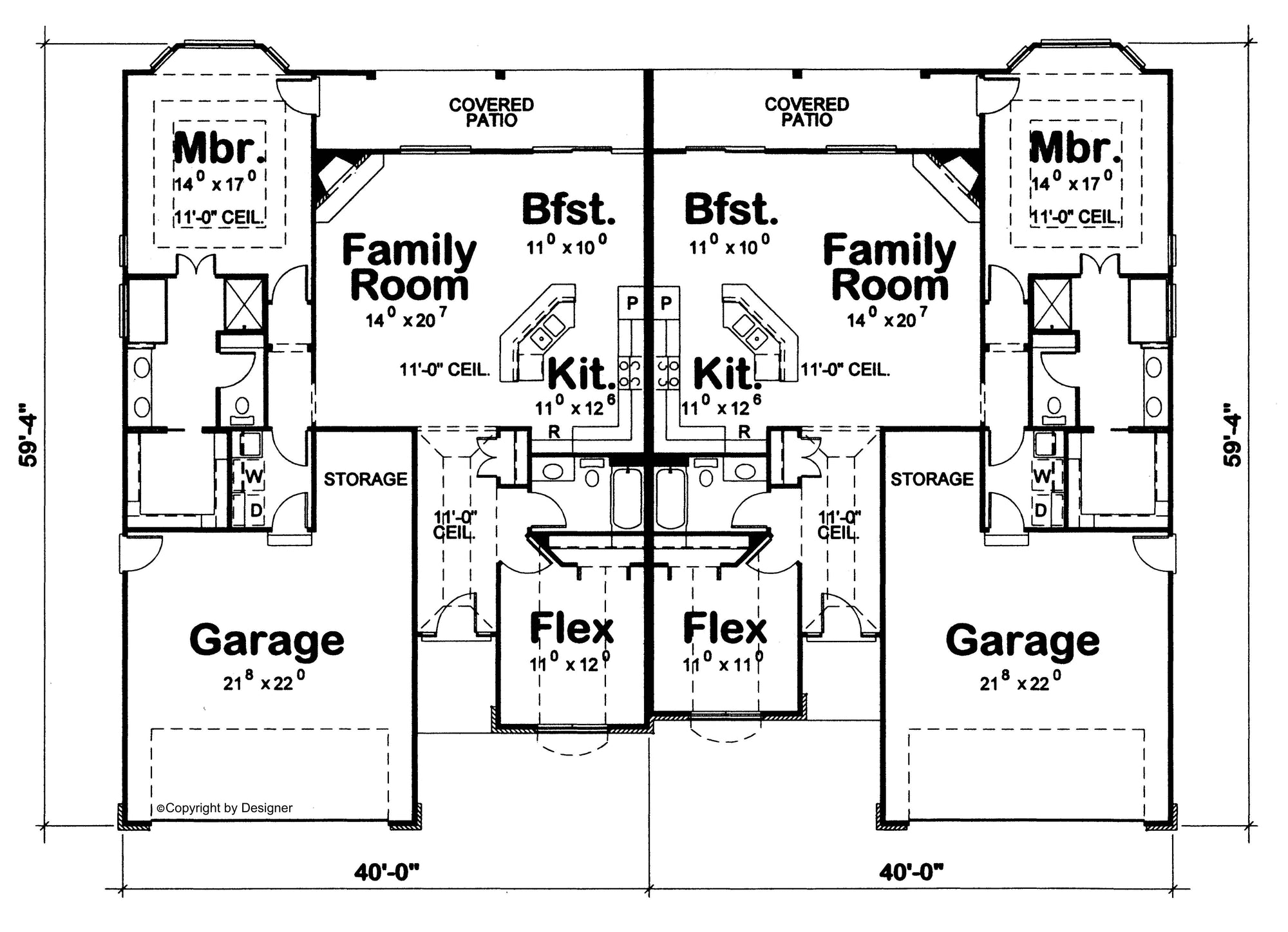 AB7770-A Traditional Duplex House First Floor Plan, 2 Bedrooms, 2 Bathrooms per unit | Pollard House Plan 