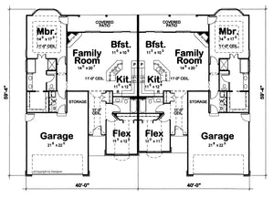 AB7770-A Traditional Duplex House First Floor Plan, 2 Bedrooms, 2 Bathrooms per unit | Pollard House Plan 