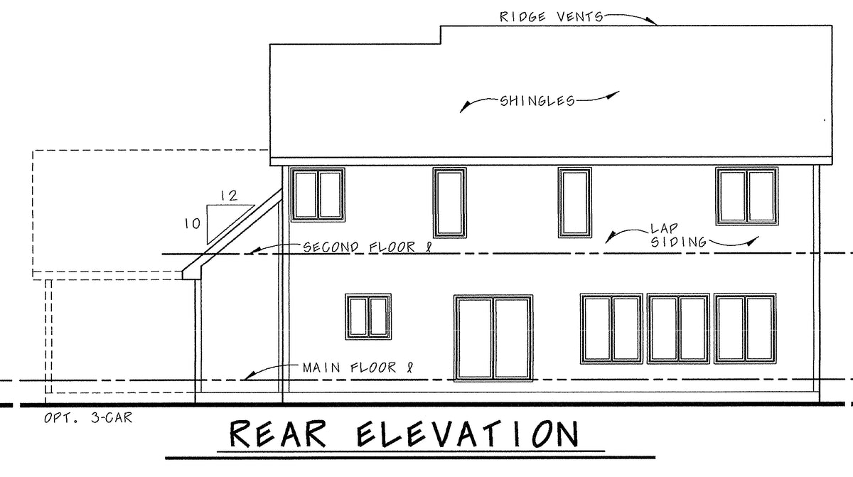 AB8075-A Traditional House, 4 Bedrooms, 2.5 Bathrooms | Fasano House Plan Rear Elevation