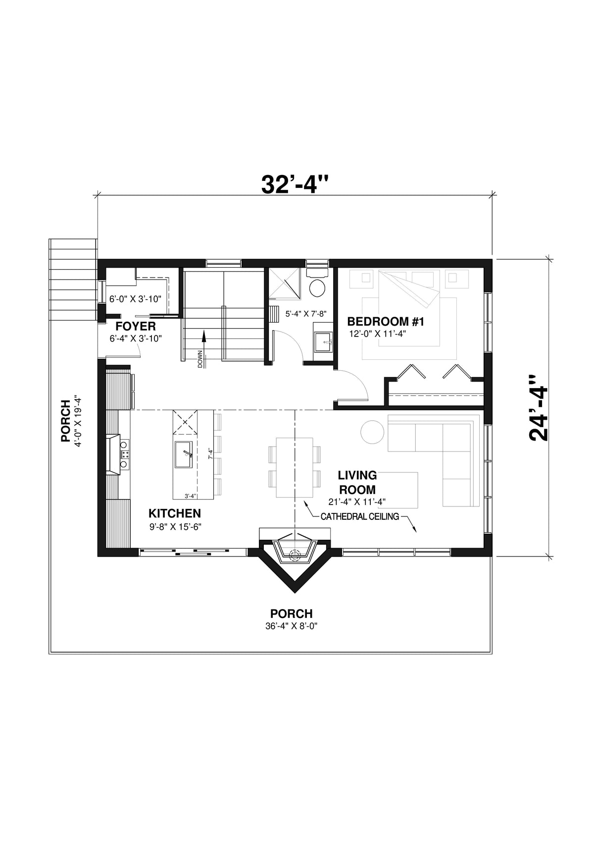 T8030-A Cottage House First Floor Plan, 3 Bedrooms, 2 Bathrooms | Skybridge 4 2942 