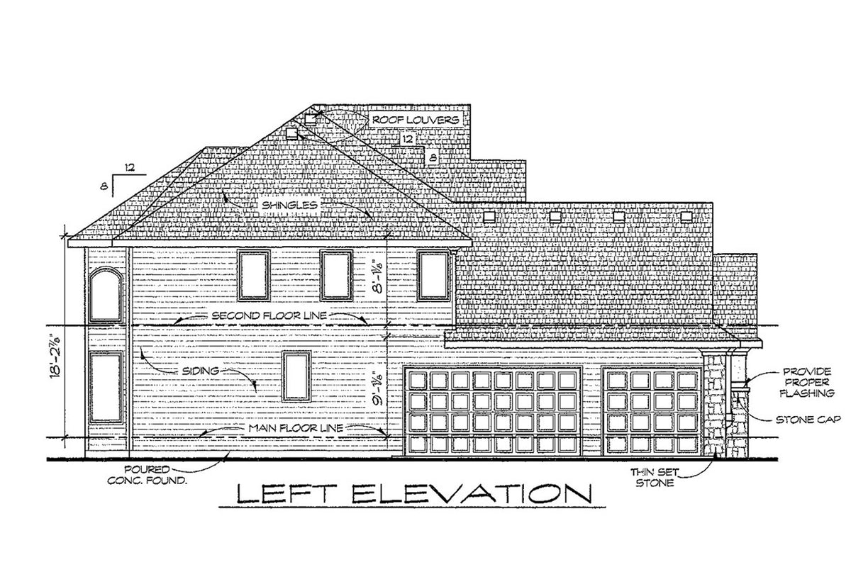 AB7773-A European House Left Elevation, 4 Bedrooms, 3.5 Bathrooms | Korbyn House Plan 