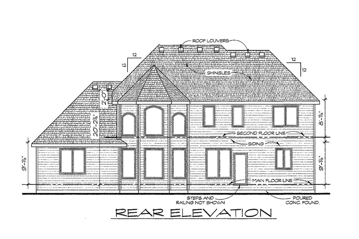 AB7773-A European House Rear Elevation, 4 Bedrooms, 3.5 Bathrooms | Korbyn House Plan 