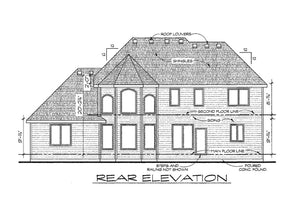 AB7773-A European House Rear Elevation, 4 Bedrooms, 3.5 Bathrooms | Korbyn House Plan 