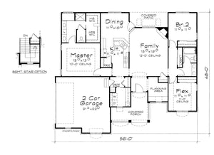AB7774-A Traditional House First Floor Plan and Basement Stair Location, 2 or 3 Bedrooms, 2 Bathrooms | Terrell House Plan