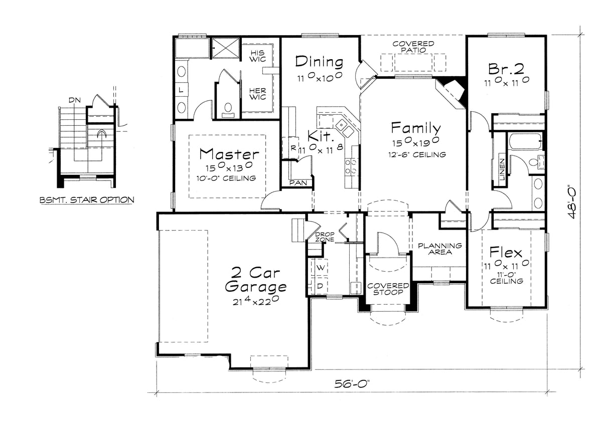 AB7775-A Traditional House First Floor Plan and Basement Stair Location, 2 or 3 Bedrooms, 2 Bathrooms | Cartwright House Plan