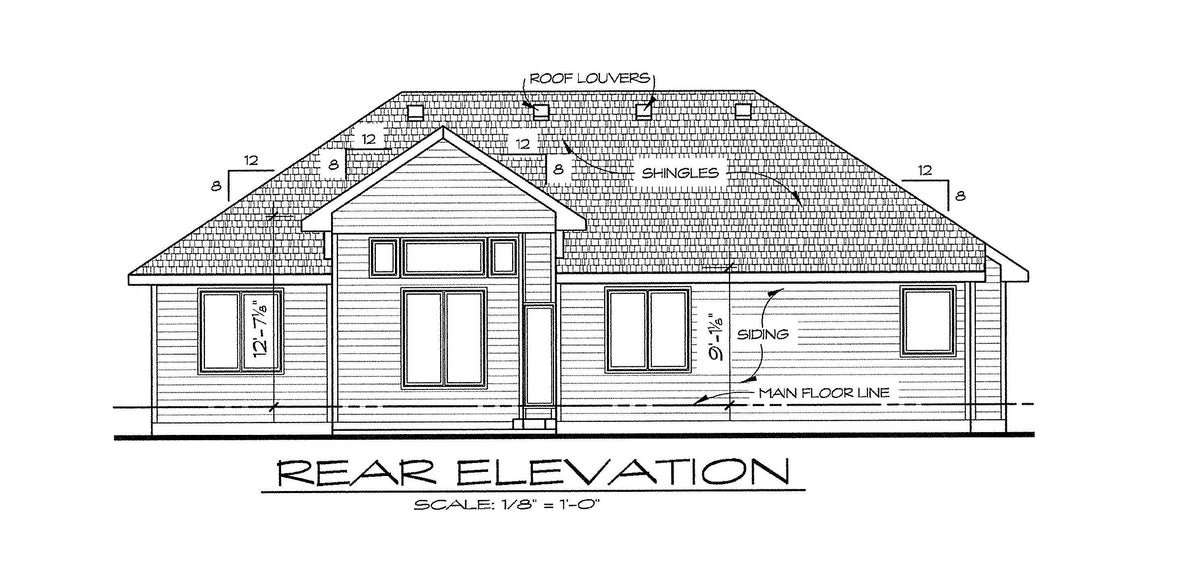 AB7775-A Traditional House Rear Elevation, 2 or 3 Bedrooms, 2 Bathrooms | Cartwright House Plan
