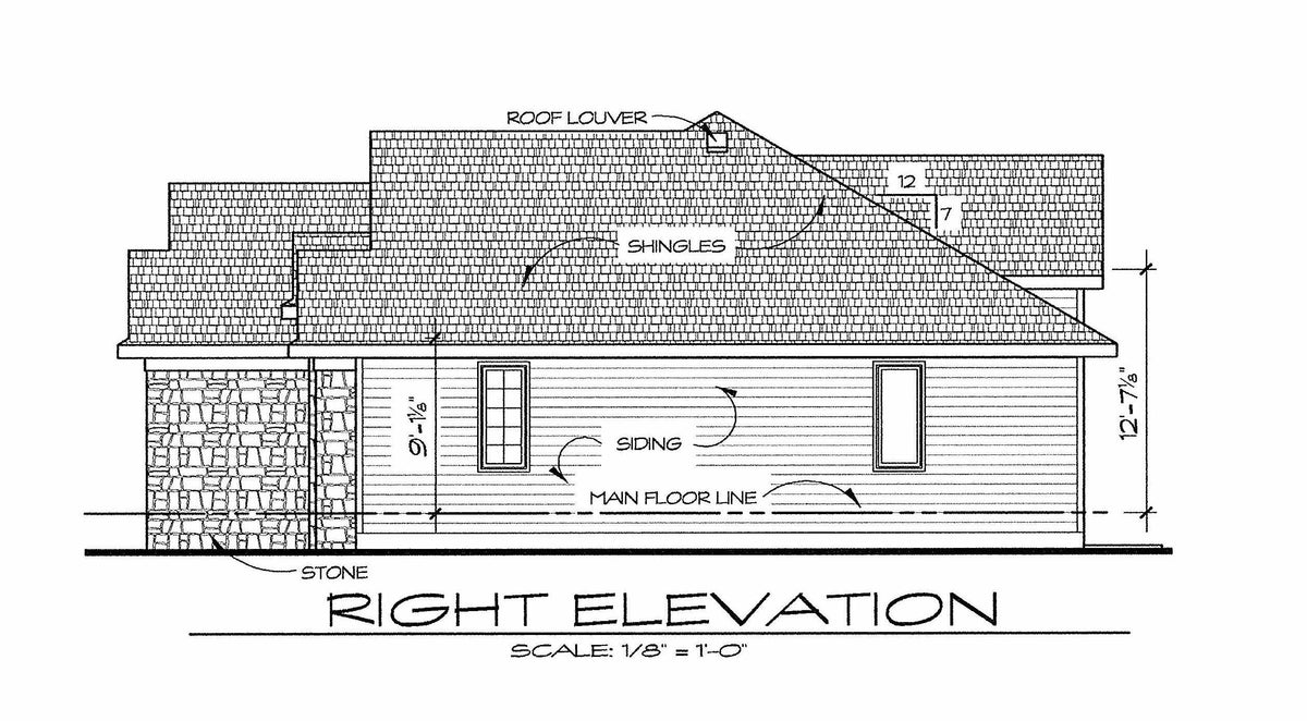 AB7775-A Traditional House Right Elevation, 2 or 3 Bedrooms, 2 Bathrooms | Cartwright House Plan