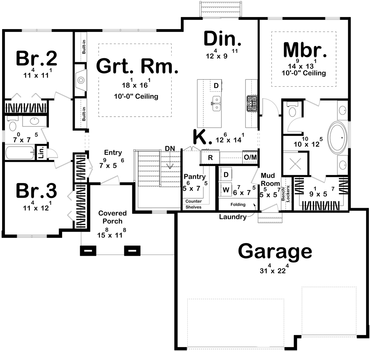 G7890-A Prairie House First Floor Plan, 3 Bedrooms, 2 Bathrooms | Pacific Woods 29676 
