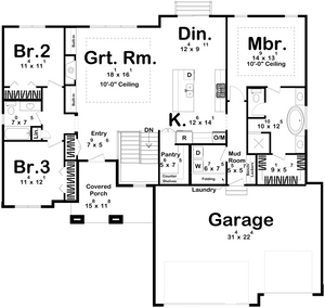 G7890-A Prairie House First Floor Plan, 3 Bedrooms, 2 Bathrooms | Pacific Woods 29676 
