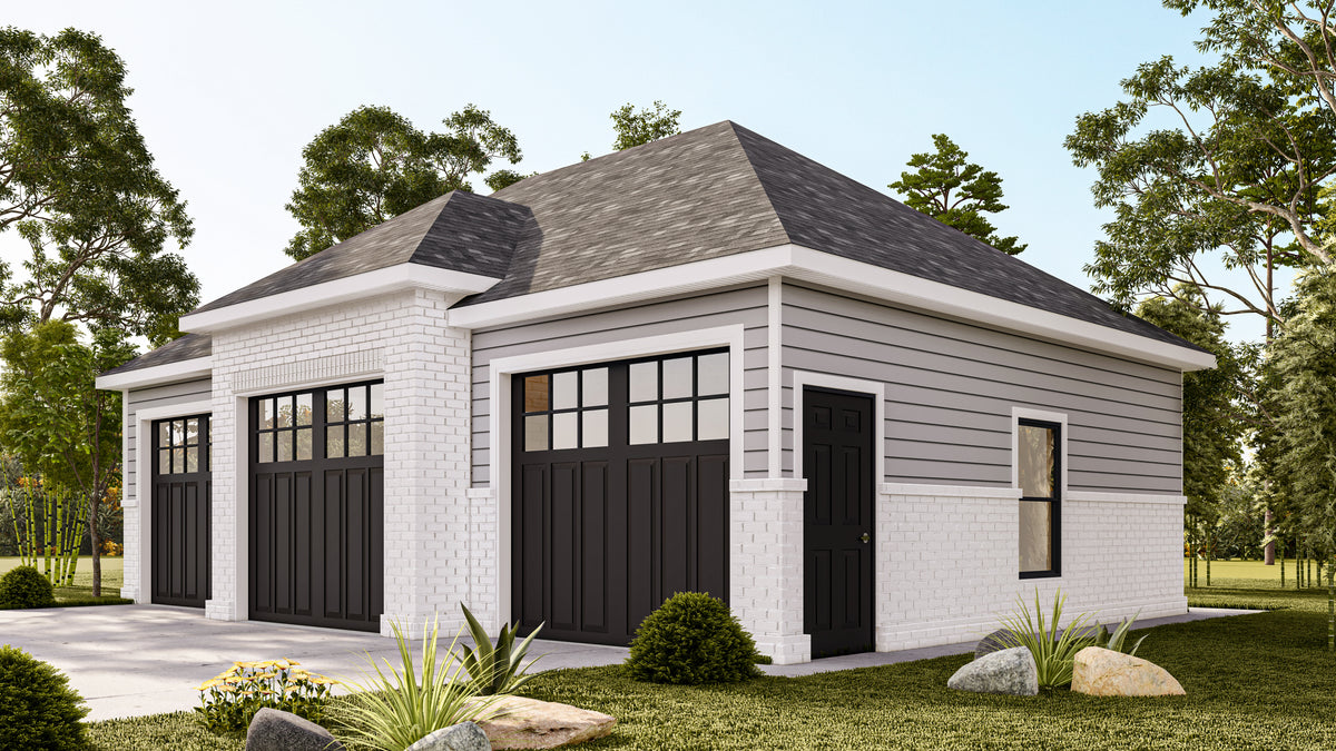 Spacious Three-Car Garage Plan with High Ceilings and Storage