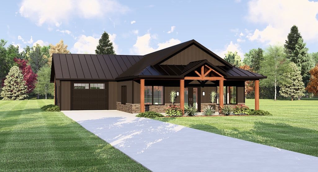 Single-Story Mountain Country House Plan with Workshop