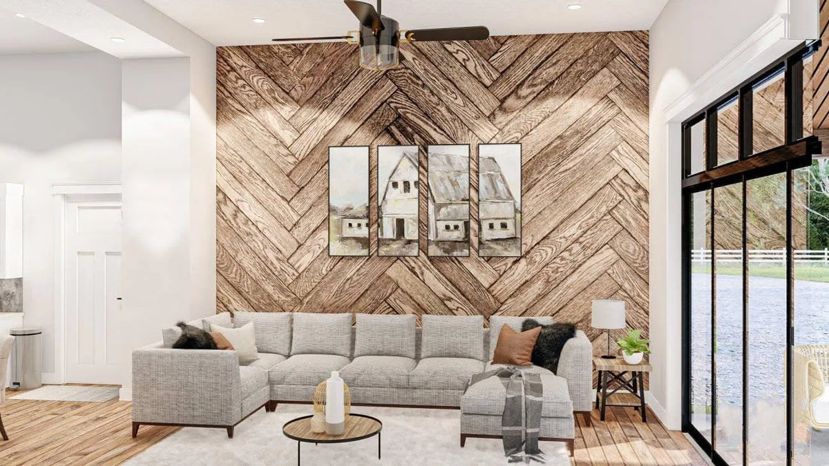 living room barndominium with shop