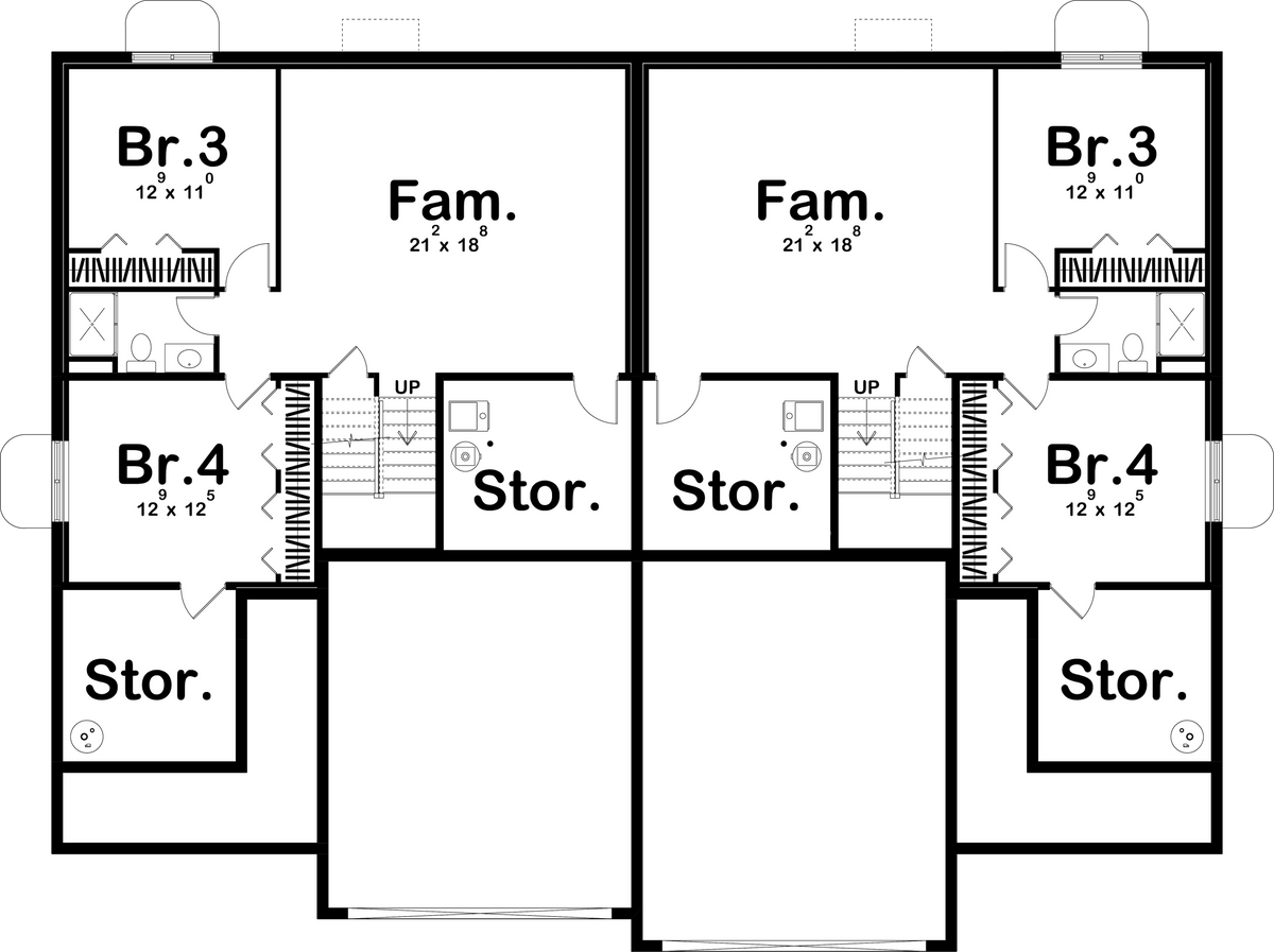 G7892-A Modern Farmhouse Duplex House Basement Floor Plan, 2 Bedrooms, 2 Bathrooms Per Unit | Urbandale 30203