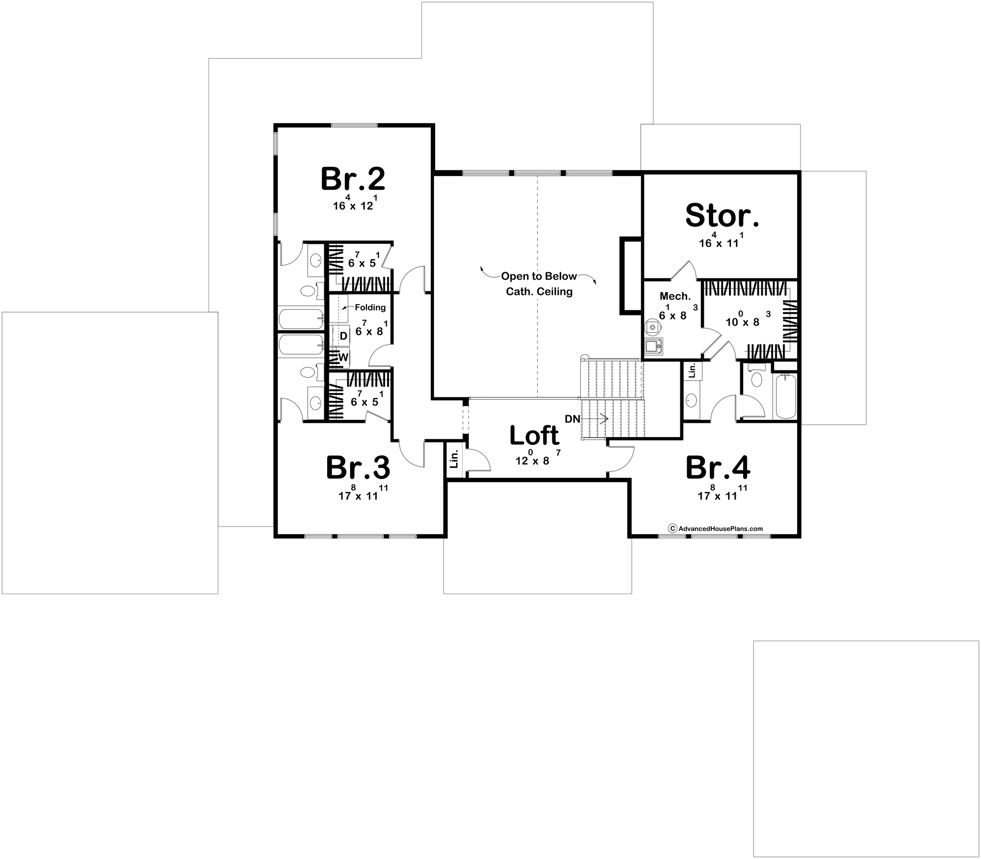 G7998-A Craftsman House Second Floor Plan, 4 Bedrooms, 4.5 Bathrooms | Live Oak 30310 