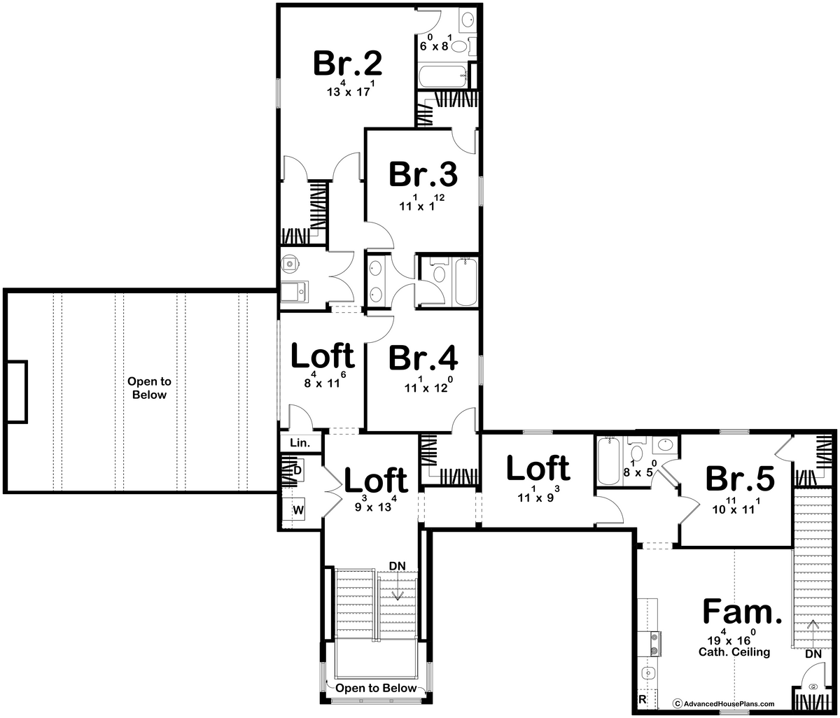 G7878-A Modern Cottage Second Floor Plan, 5 Bedrooms, 4 Bathrooms, 2 Half Bathrooms | Fort Worth 30346