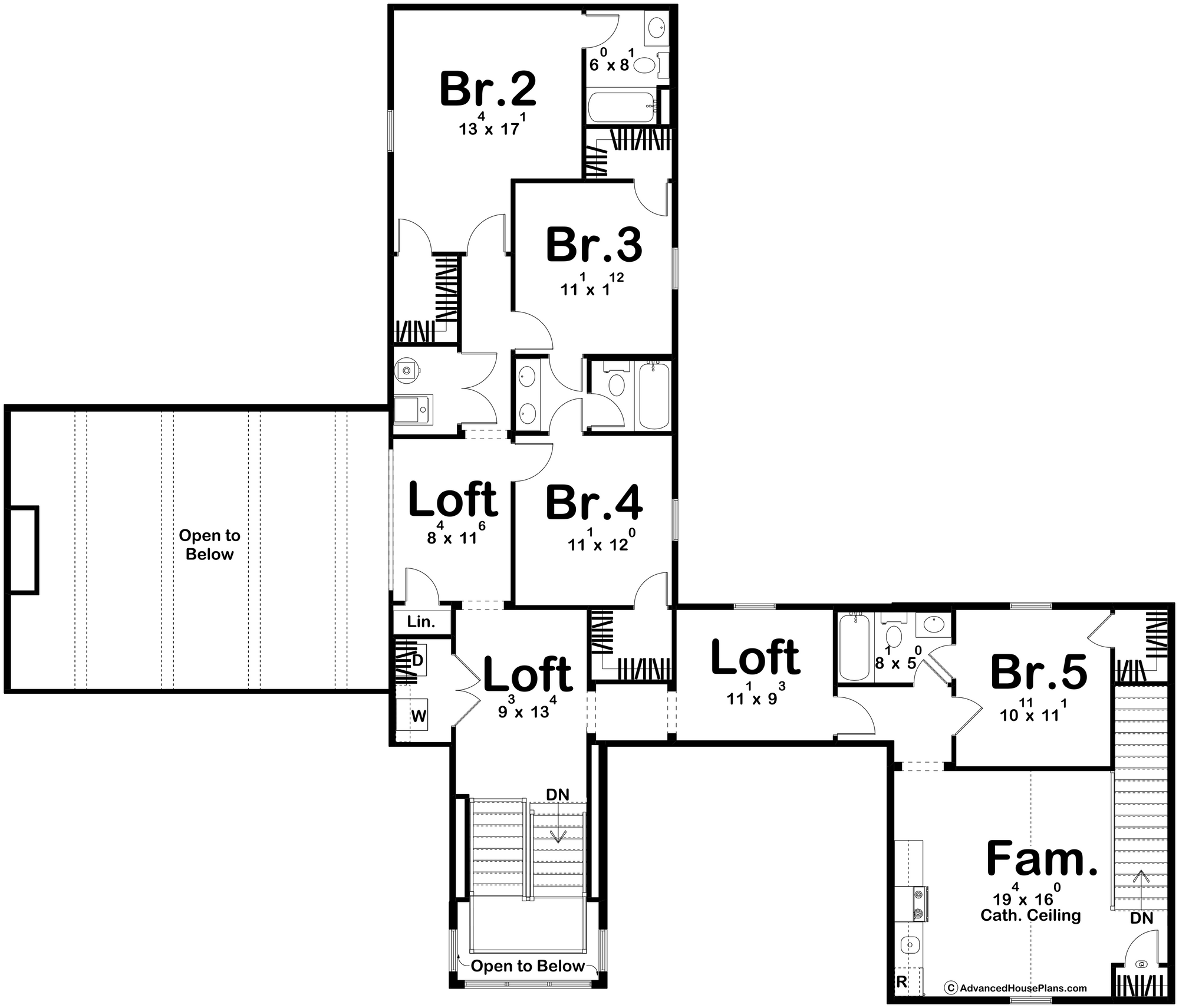 G7878-A Modern Cottage Second Floor Plan, 5 Bedrooms, 4 Bathrooms, 2 Half Bathrooms | Fort Worth 30346