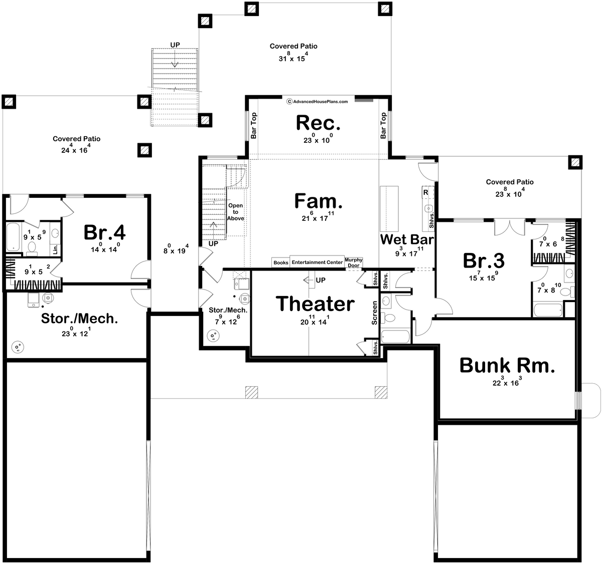 G8222-A Modern Mountain House Finished Basement Floor Plan, 2 to 4 Bedrooms, 2.5 to 5.5 Bathrooms | Sequoia House Plan 