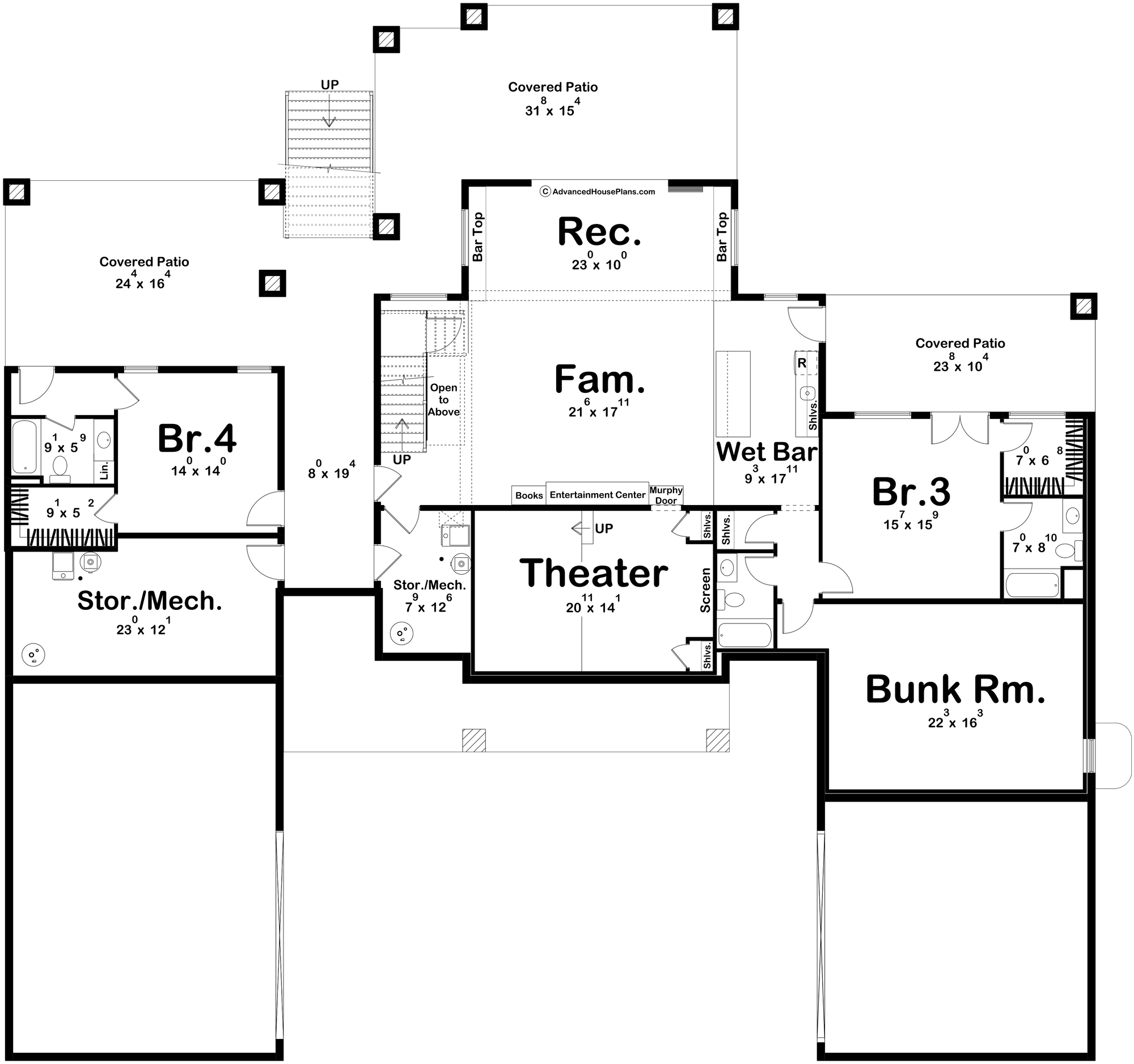 G8222-A Modern Mountain House Finished Basement Floor Plan, 2 to 4 Bedrooms, 2.5 to 5.5 Bathrooms | Sequoia House Plan 