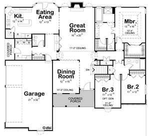 AB8088-A Traditional House First Floor Plan, 3 Bedrooms, 2.5 Bathrooms | Montgomery II House Plan 