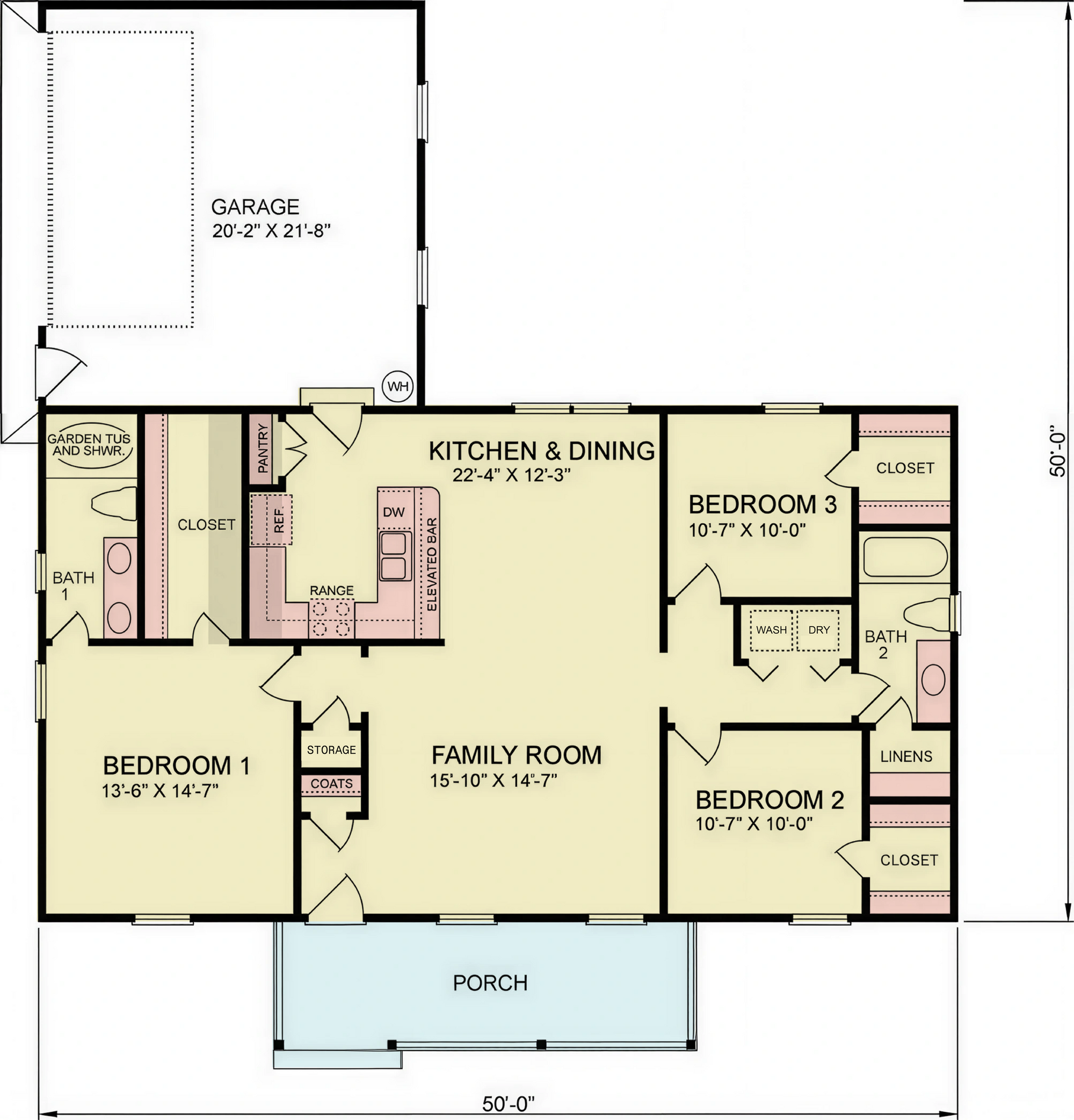 A8197-A Traditional House First Floor Plan, 3 Bedrooms, 2 Bathrooms | Shane House Plan 