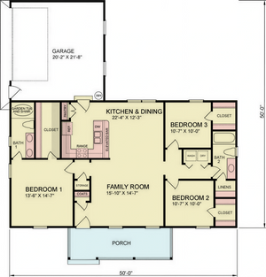 A8197-A Traditional House First Floor Plan, 3 Bedrooms, 2 Bathrooms | Shane House Plan 