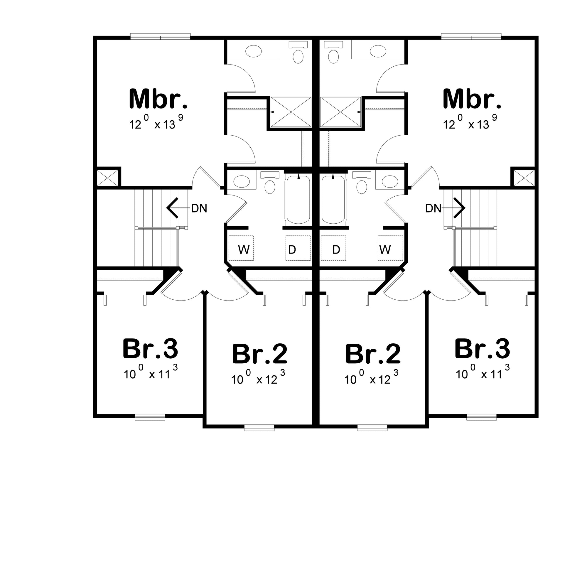 AB8294-A Traditional Duplex House Second Floor Plan, 6 Bedrooms, 4 Bathrooms, 2 Half Baths | JoAnn Twin House Plan 