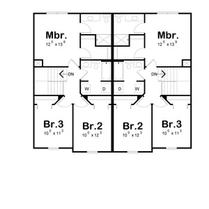 AB8294-A Traditional Duplex House Second Floor Plan, 6 Bedrooms, 4 Bathrooms, 2 Half Baths | JoAnn Twin House Plan 