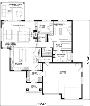 T8014-A Transitional House First Floor Plan Slab Option, 1 to 3 Bedrooms, 1.5 to 2.5 Bathrooms | Hubert 3 