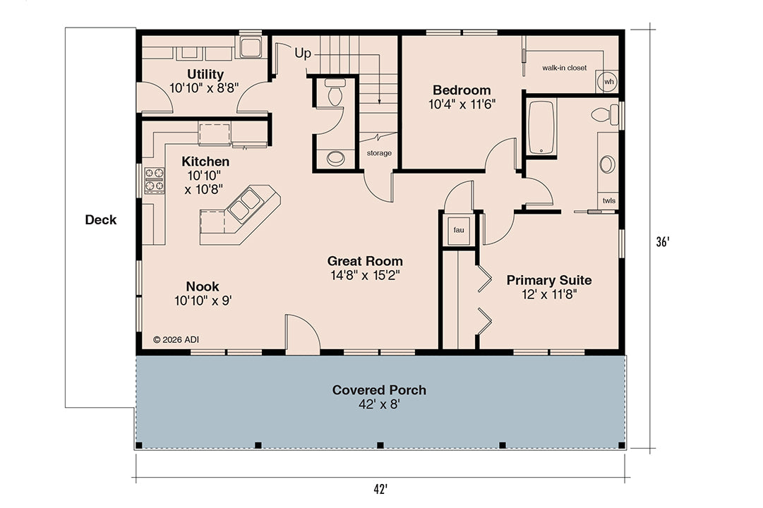 AM8120-A Farmhouse House First Floor Plan, 2 Bedrooms, 1.5 Bathrooms | Laurel Creek House Plan 