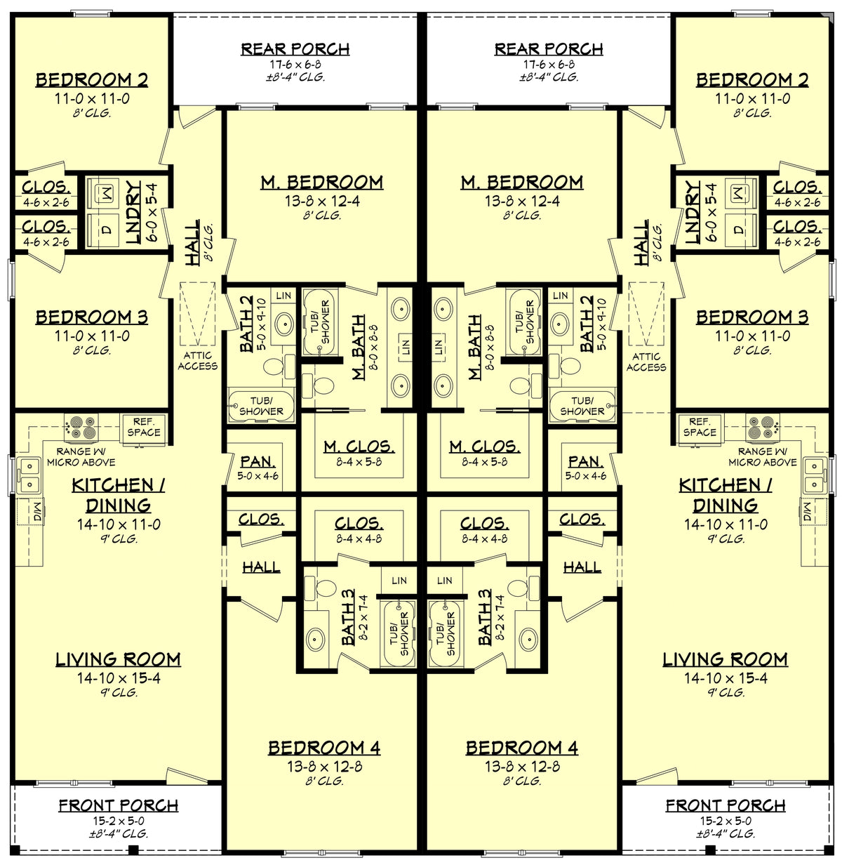 H8220-A Traditional Duplex House Floor Plan, 8 Bedrooms, 6 Bathrooms | Ashton Hollow Duplex House Plan 