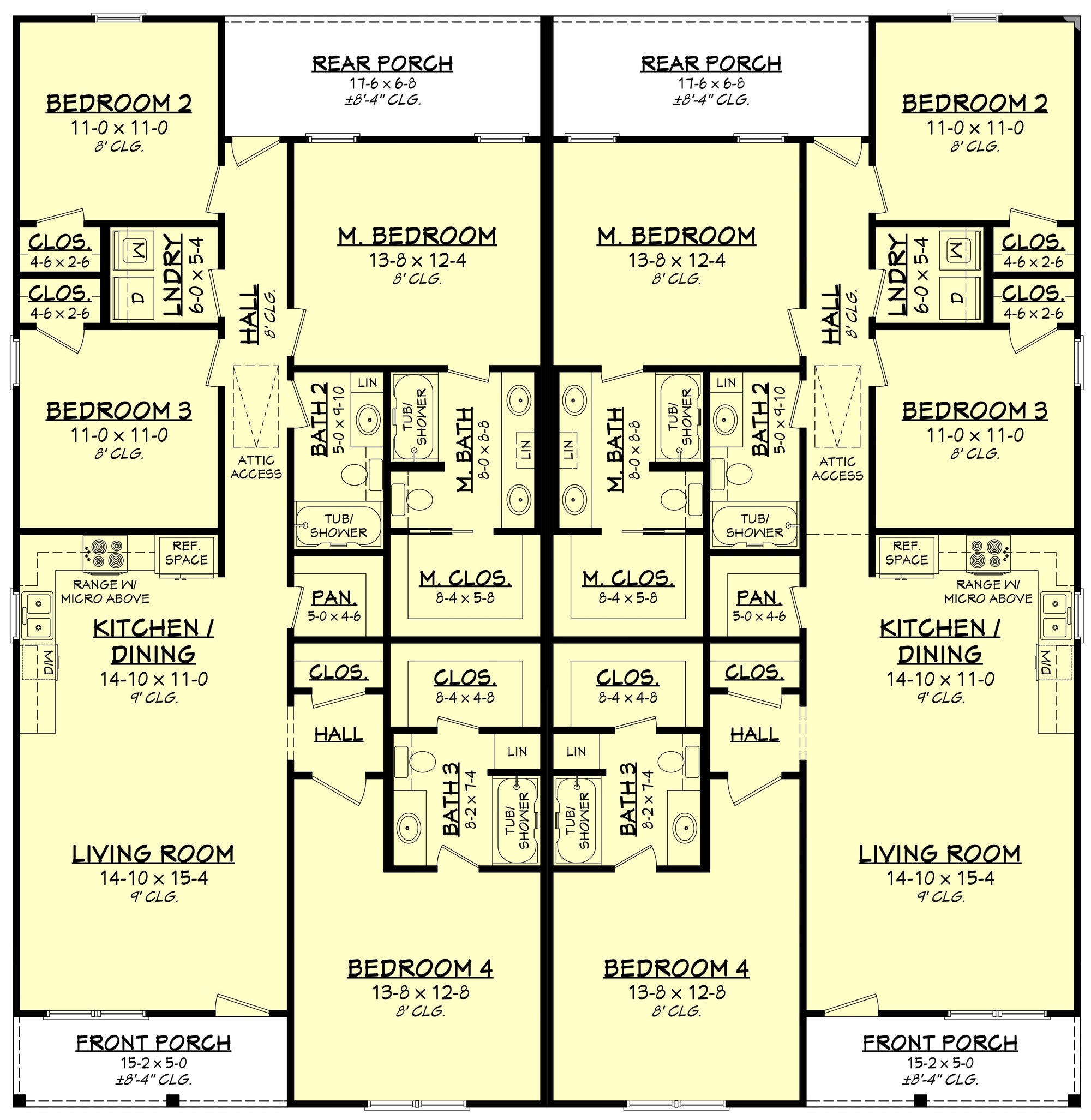 H8220-A Traditional Duplex House Floor Plan, 8 Bedrooms, 6 Bathrooms | Ashton Hollow Duplex House Plan 