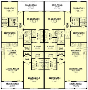 H8220-A Traditional Duplex House Floor Plan, 8 Bedrooms, 6 Bathrooms | Ashton Hollow Duplex House Plan 