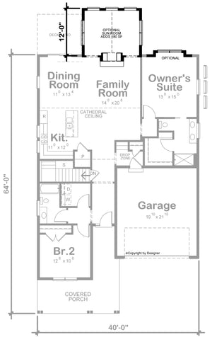 AB7612-A Traditional House with Optional Sun Room Floor Plan, 2 Bedroom, 2 Bathrooms | Lynette Knoll 35106 