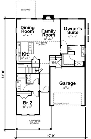 AB7613-A Traditional House First Floor Plan, 2 Bedroom, 2 Bathrooms | Lynette Farm 35107