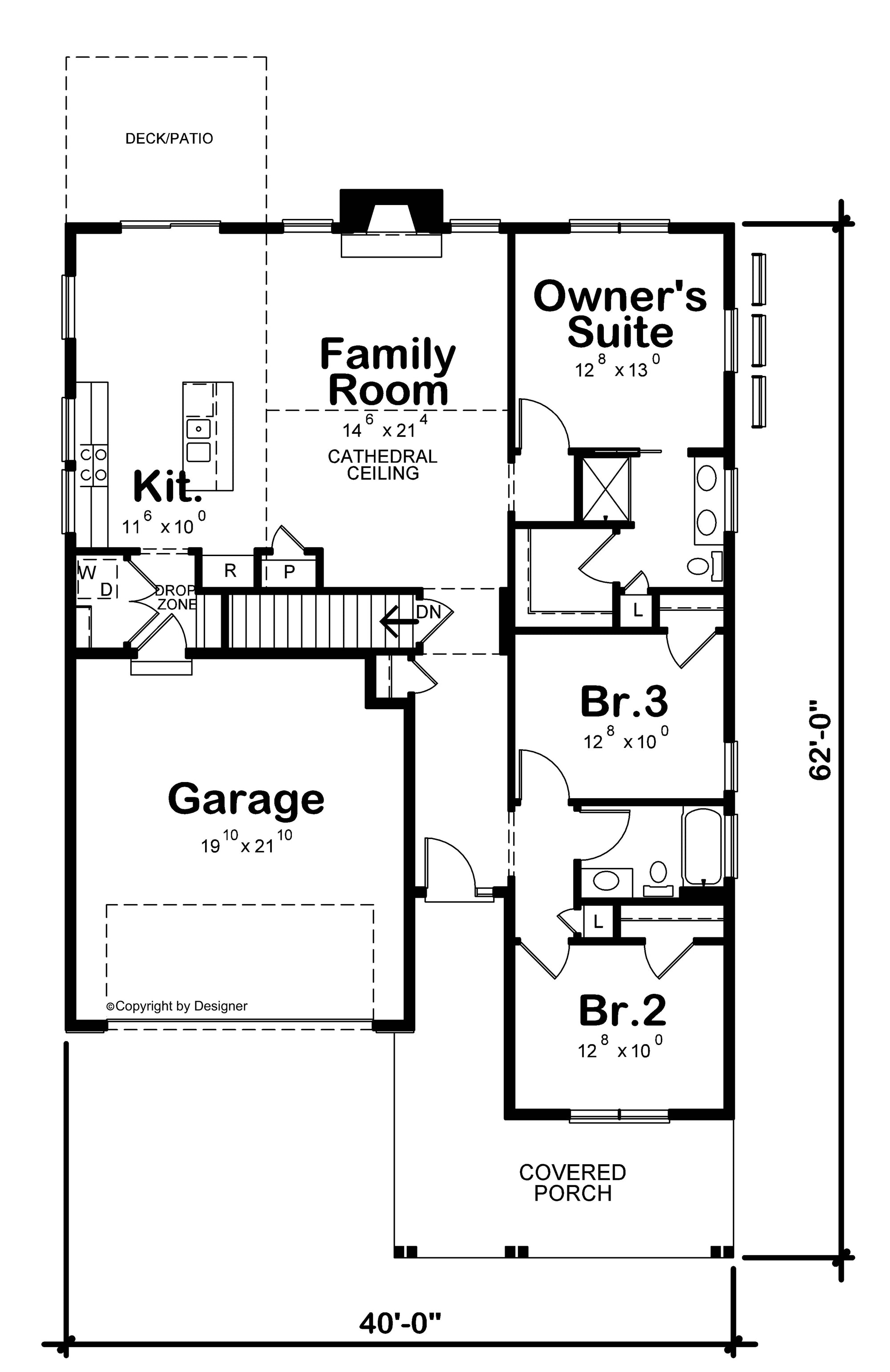AB7419-A 35110 House First Floor Plan 3 Beds 2 Baths