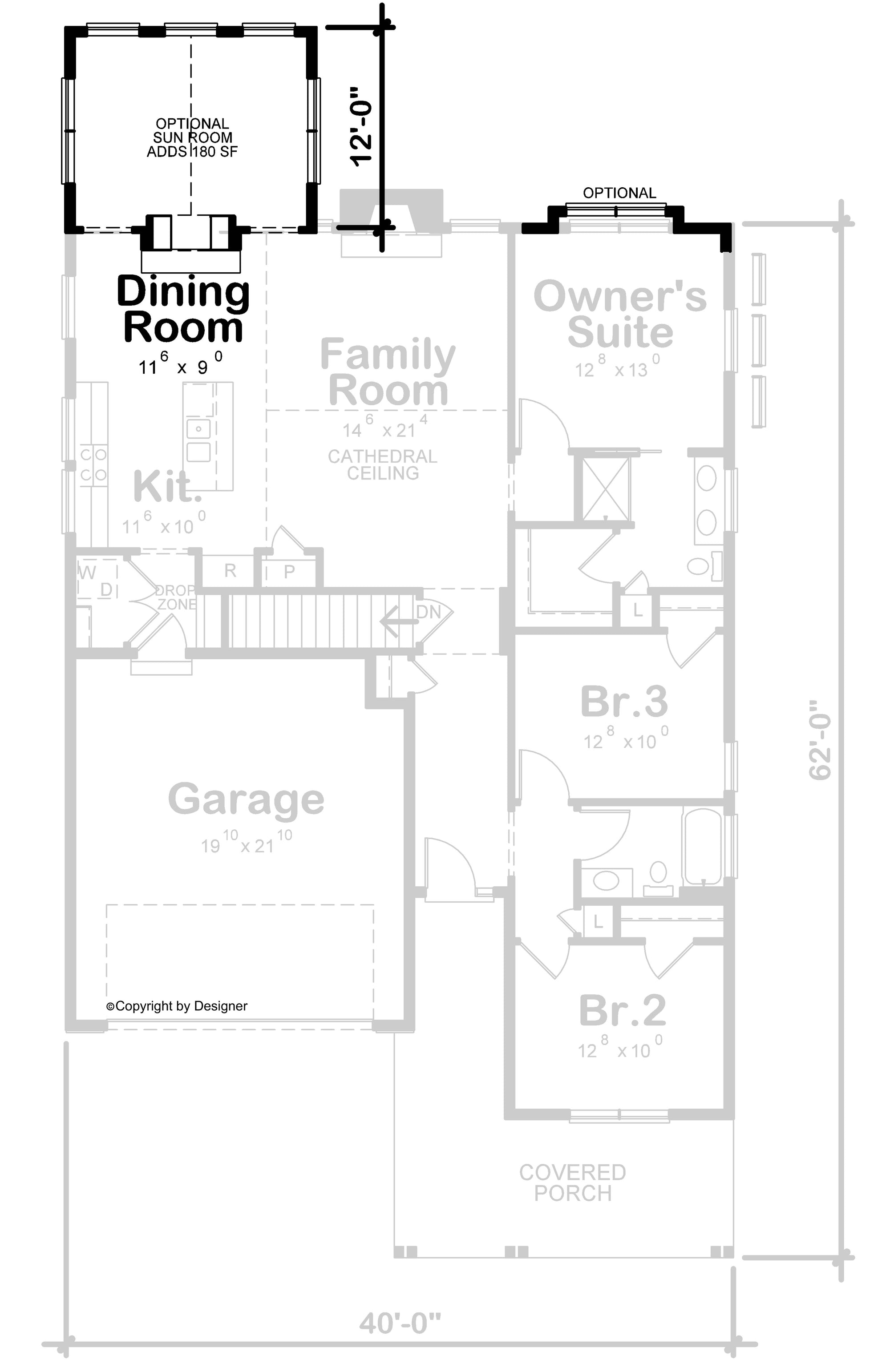 AB7419-A 35110 House Optional Room Floor Plan 3 Beds 2 Baths