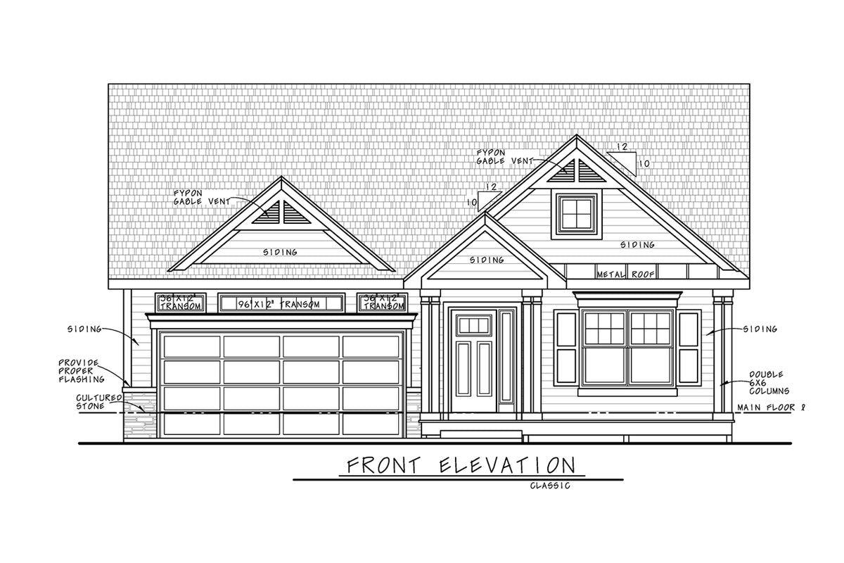 AB7756-A Traditional House Front Elevation, 2 Bedrooms, 2 Bathrooms | Kate Knoll
