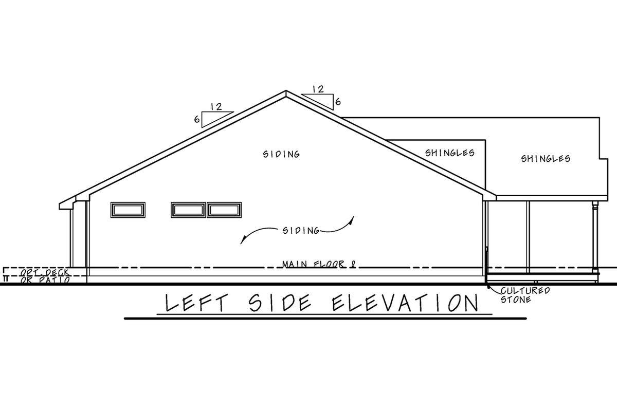 AB7756-A Traditional House Left Elevation, 2 Bedrooms, 2 Bathrooms | Kate Knoll
