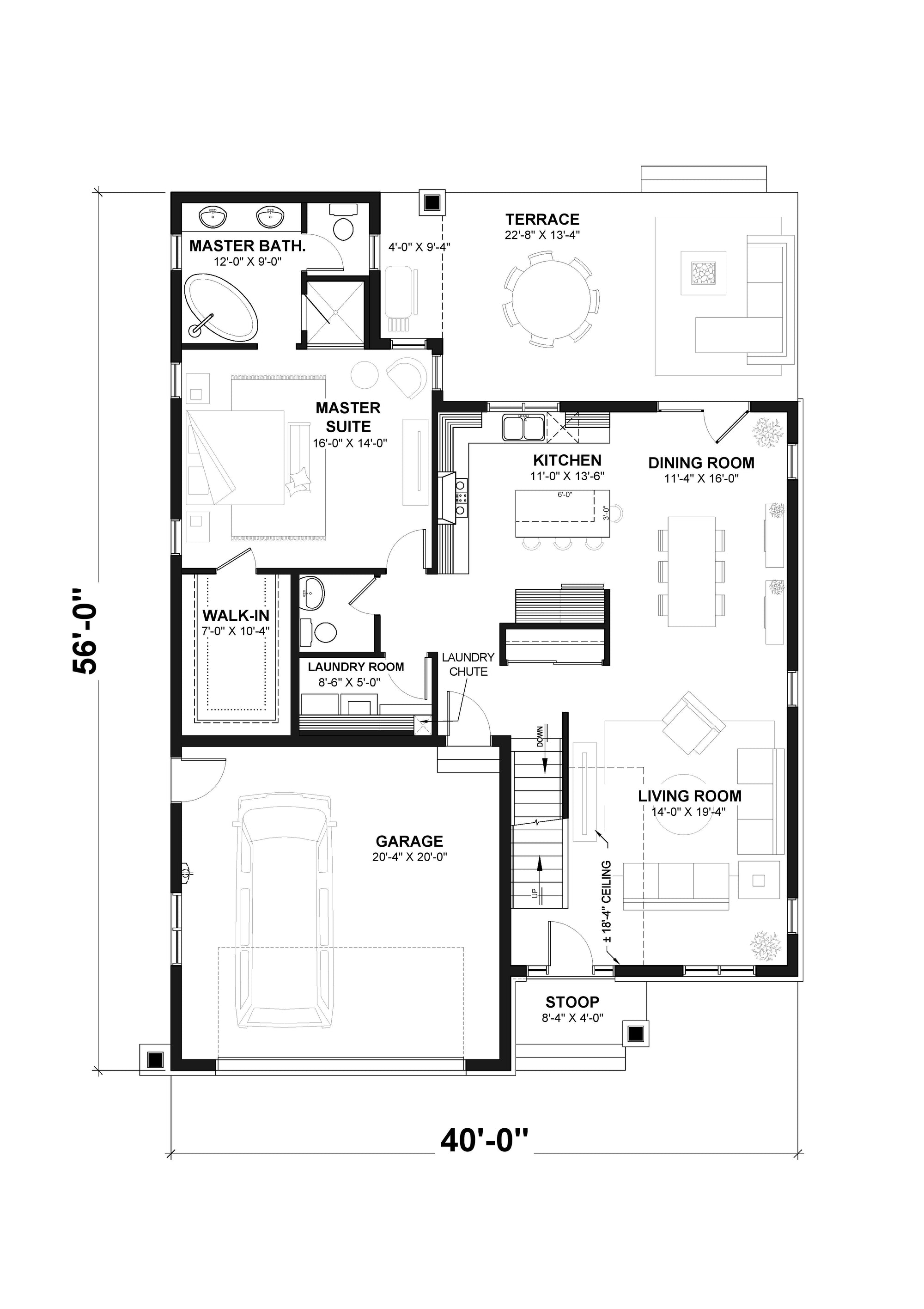 T8032-A Modern Farmhouse First Floor Plan, 4 Bedrooms, 2.5 Bathrooms | Cambridge 3608 