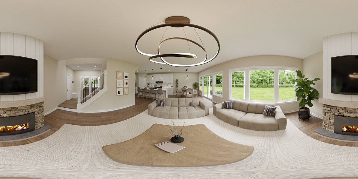 AJ7710-A Modern Farmhouse Great Room Panorama, 3 Bedrooms, 2.5 Bathrooms | Plan 1059