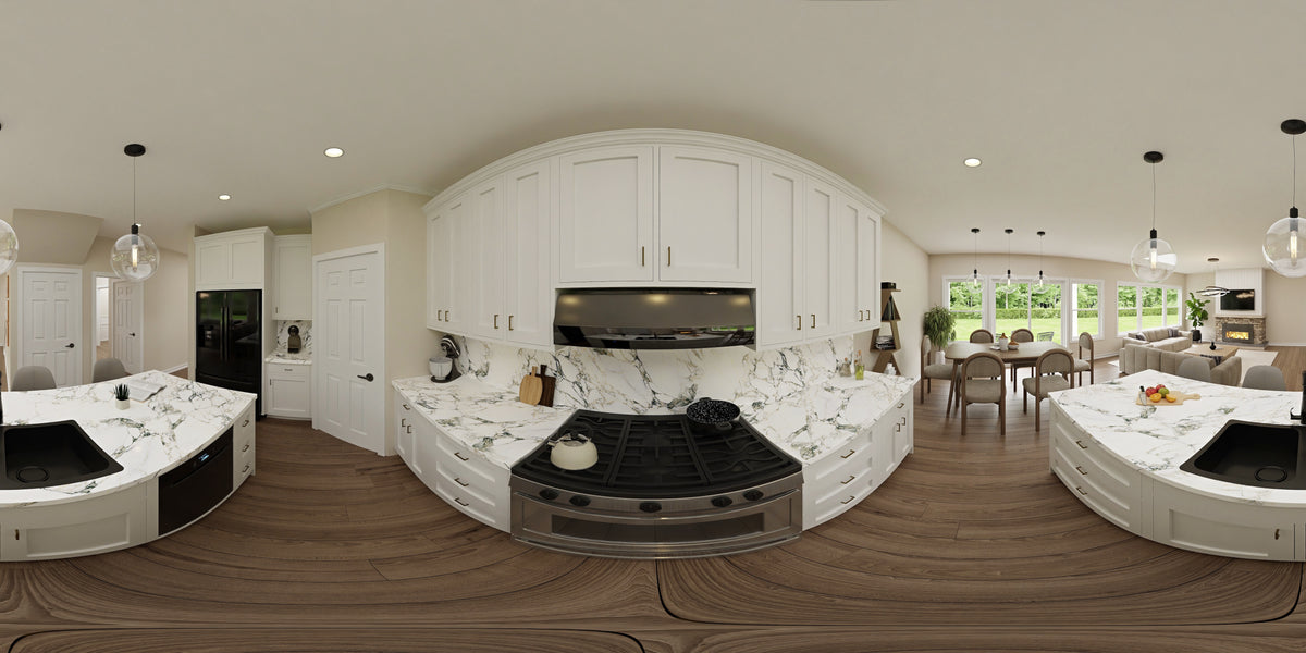 AJ7710-A Modern Farmhouse Kitchen Panorama, 3 Bedrooms, 2.5 Bathrooms | Plan 1059