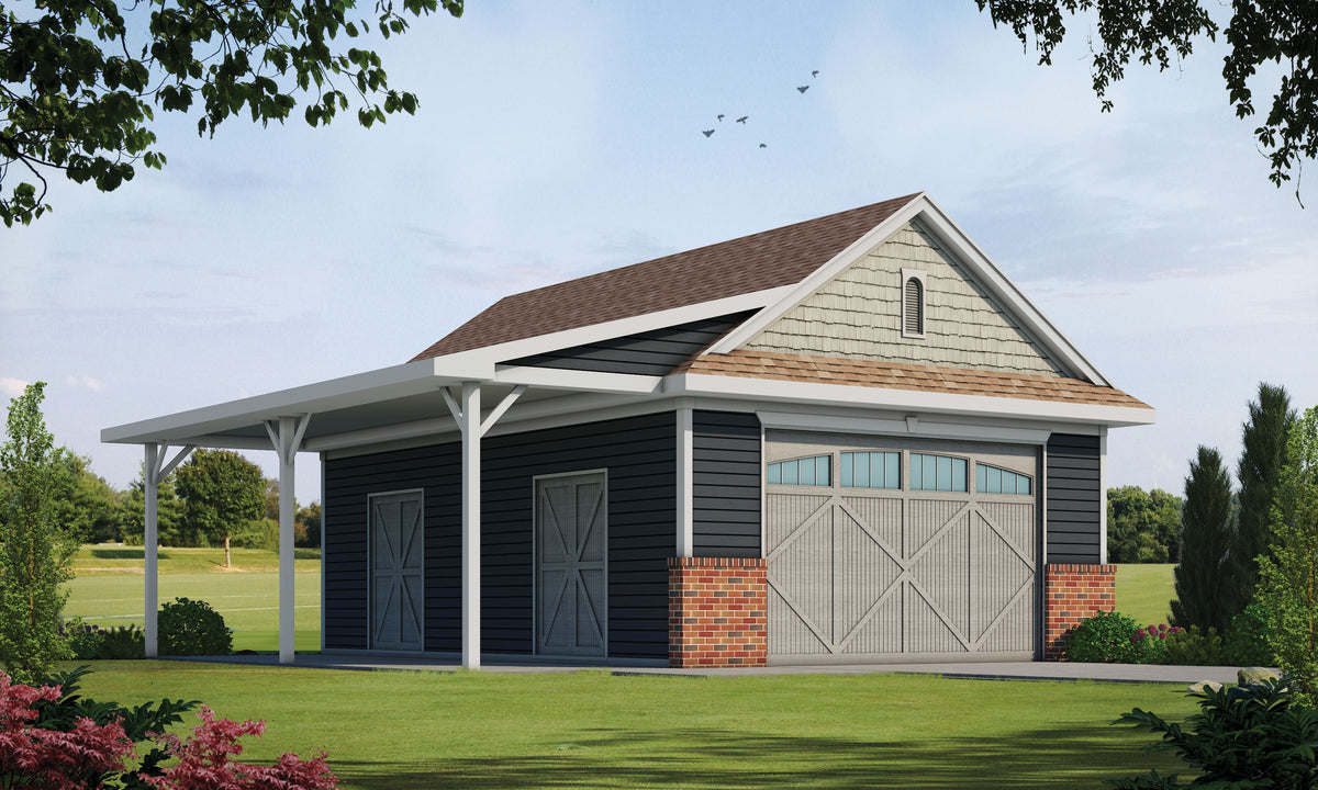 Detached 2-Car Garage Plan with Covered Patio and Bathroom
