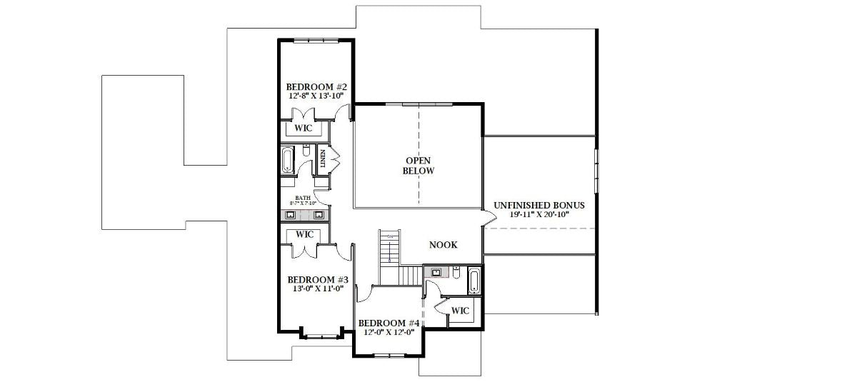 U8063-A Modern Farmhouse Second Floor Plan, 4 Bedrooms, 3.5 Bathrooms | Plan 40726 