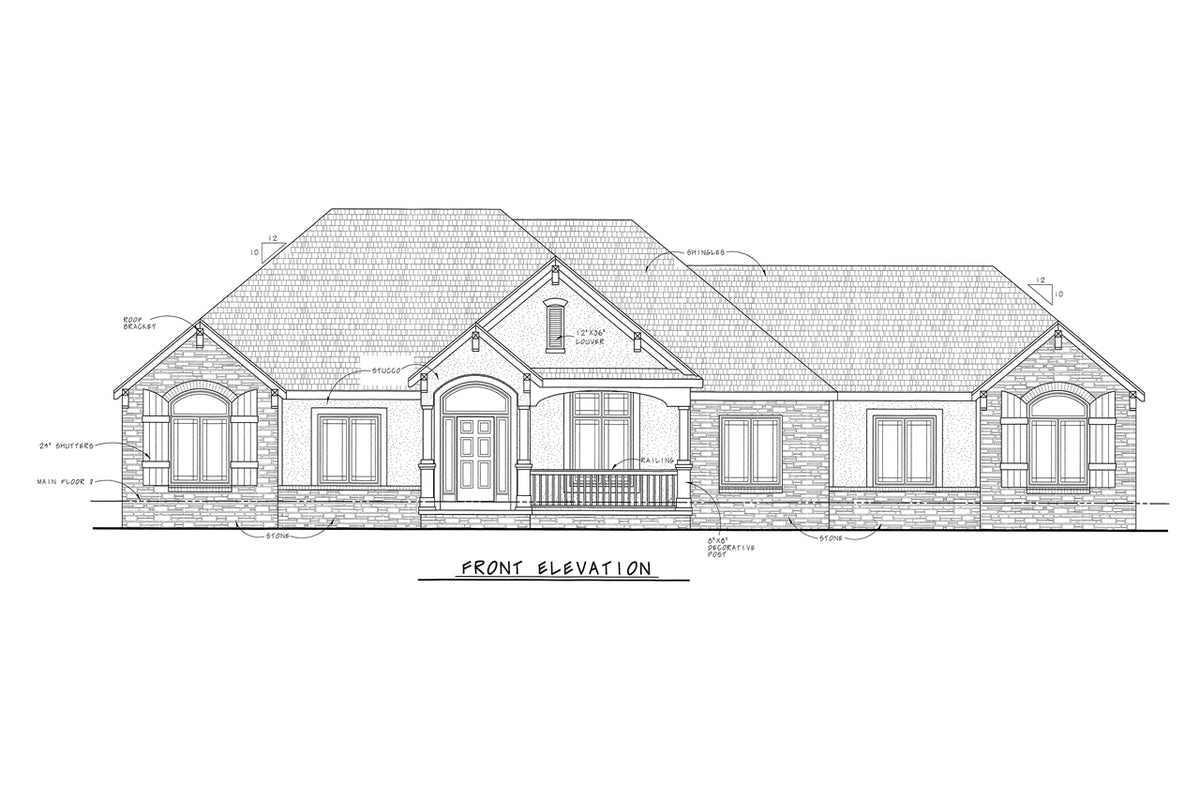 AB8074-A French Country House, 3 to 4 Bedrooms, 3.5 Bathrooms | Haskell House Plan Front Elevation