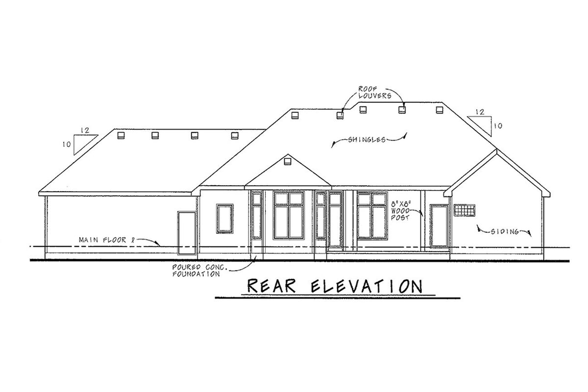 AB8074-A French Country House, 3 to 4 Bedrooms, 3.5 Bathrooms | Haskell House Plan Rear Elevation