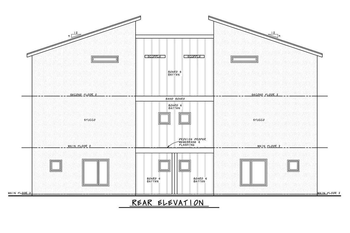 AB7616-A Contemporary Duplex House Rear Elevation, 3 Bedrooms, 3.5 Bathrooms | Julian  Twin 42548
