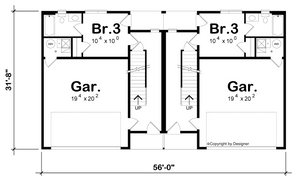 AB7616-A Contemporary Duplex House Lower Floor Plan, 3 Bedrooms, 3.5 Bathrooms | Julian Twin 42548