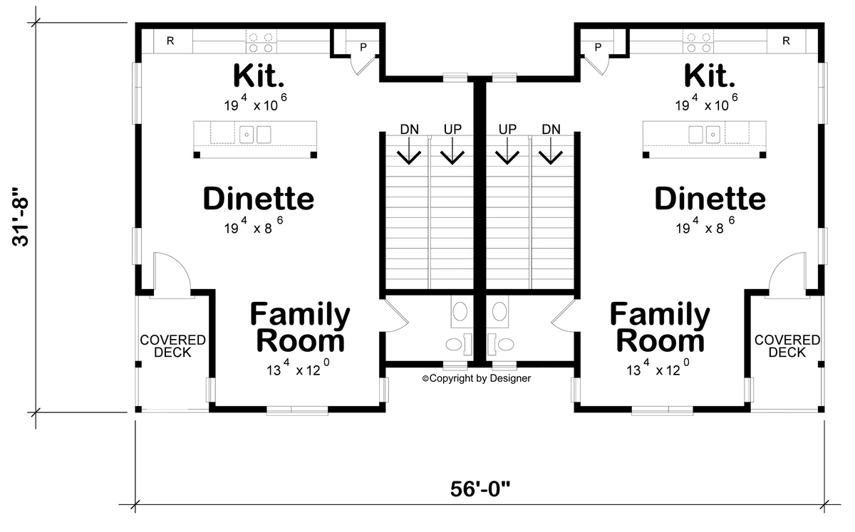 AB7616-A Contemporary Duplex House Main Floor Plan, 3 Bedrooms, 3.5 Bathrooms | Julian Twin 42548 