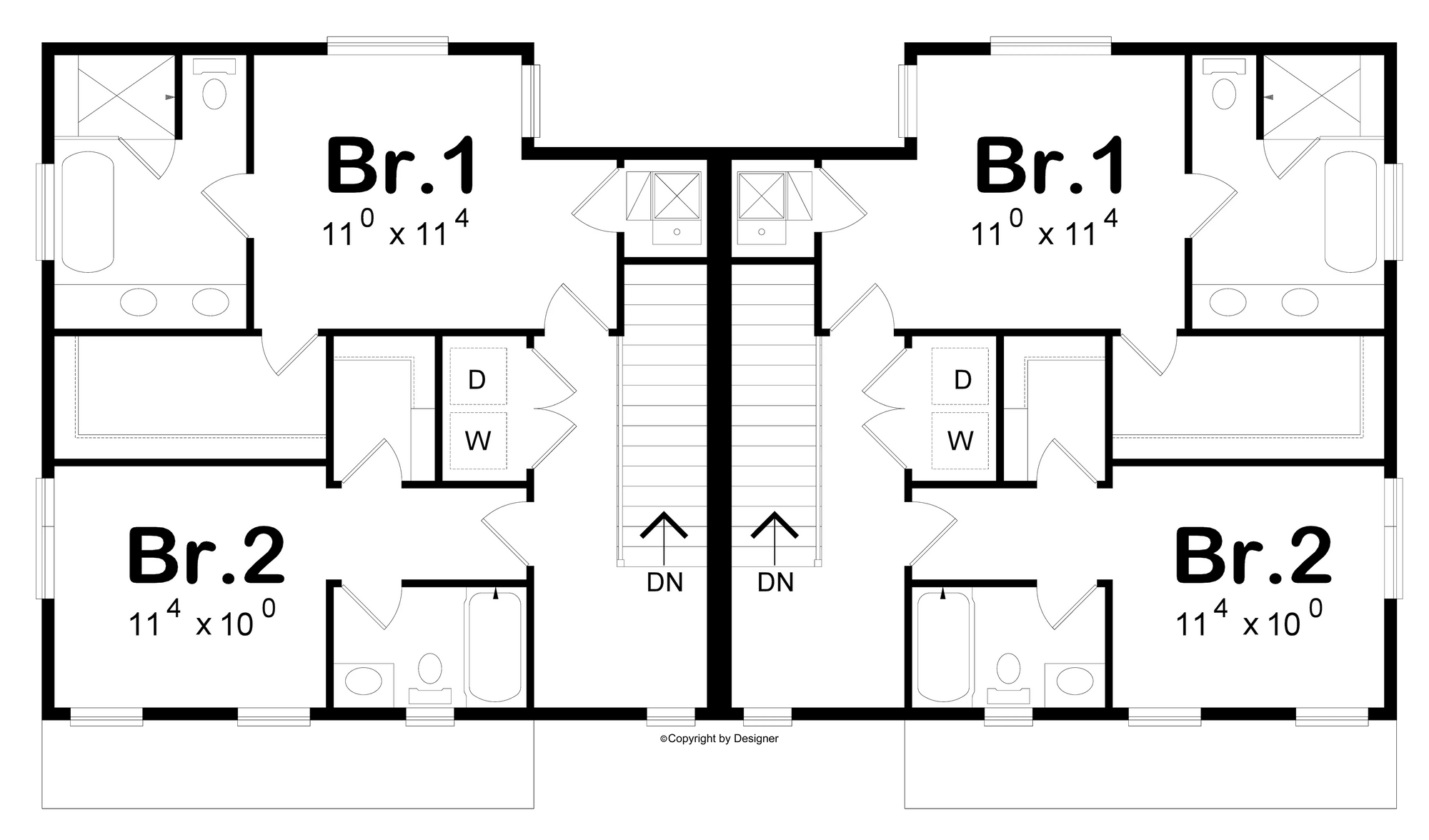 AB7616-A Contemporary Duplex House Upper Floor Plan, 3 Bedrooms, 3.5 Bathrooms | Julian Twin 42548 