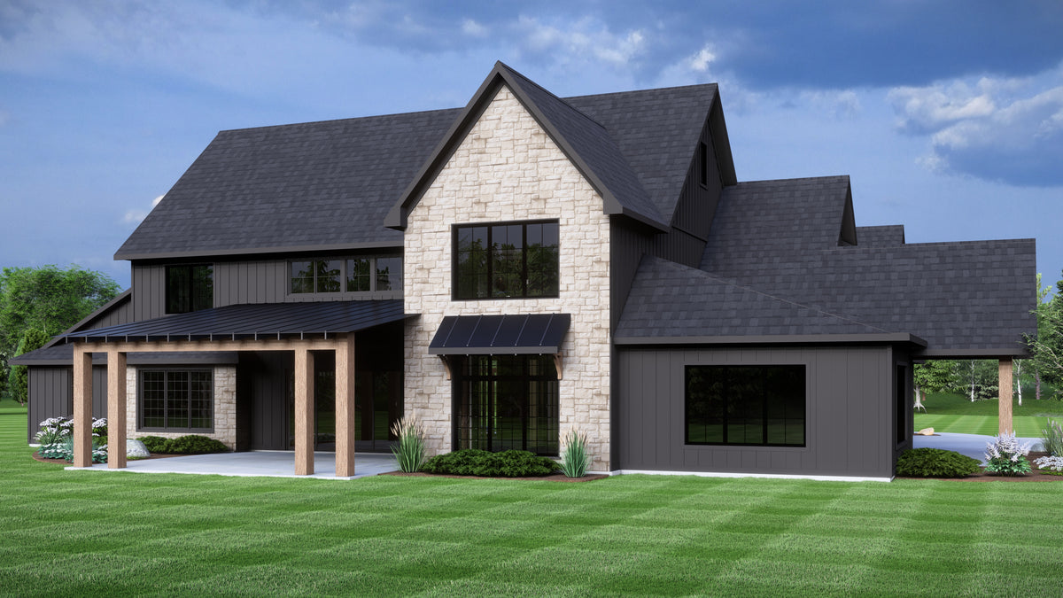 New American House Plan with Game Room and 2-Story Great Room